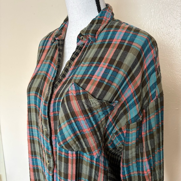 Free People One Of The Guys Green Plaid Cotton Button Down Shirt Oversized Boho - Picture 6 of 10